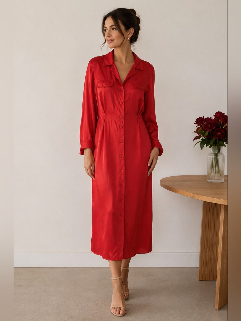 100% Silk Vintage Liz Claiborne Red Long-Sleeve Button-Front Shirt Dress